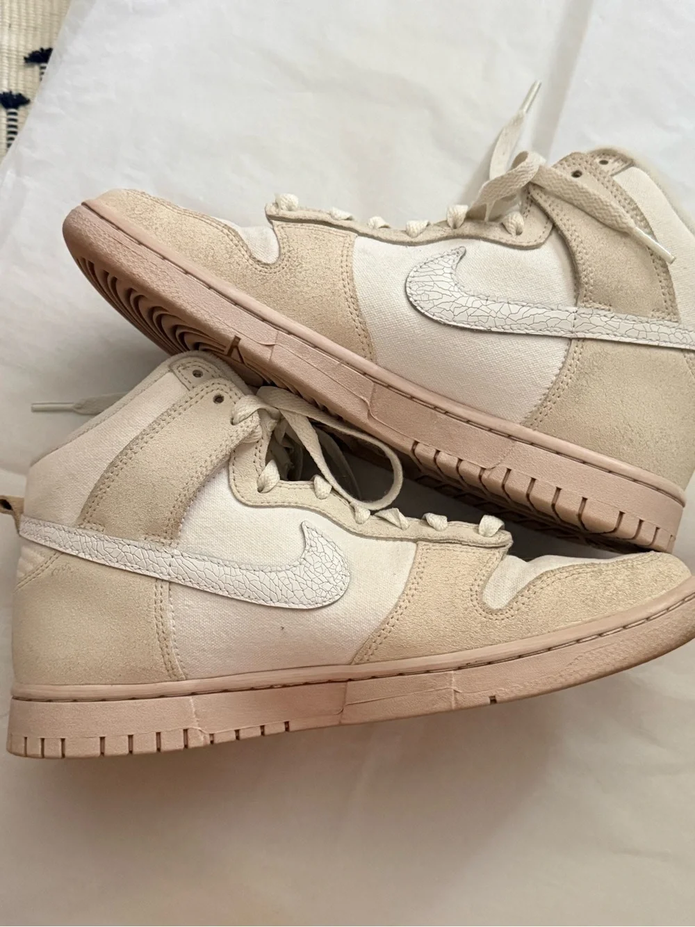 Nike Dunk High-Top Retro PRM Cracked Leather Swoosh Sneakers in Cream & White